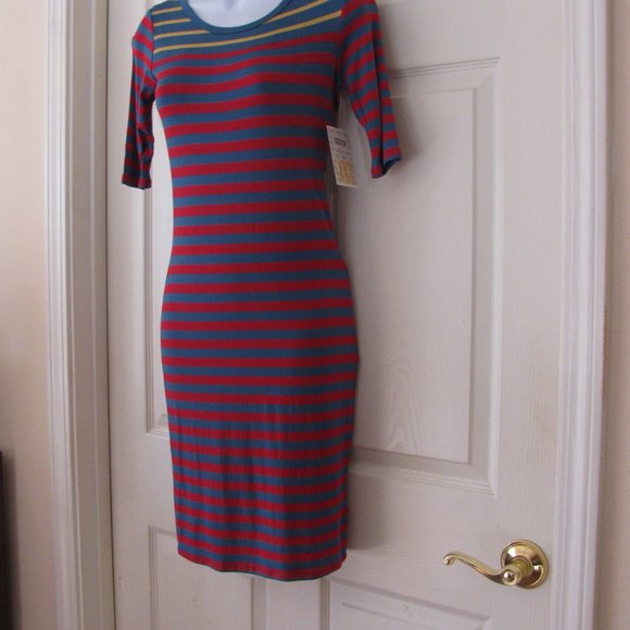 * 2/$15 LuLaRoe Julia Dress XXS 2XS NWT $35 Red with Blue Stripes Bodycon - Picture 4 of 4
